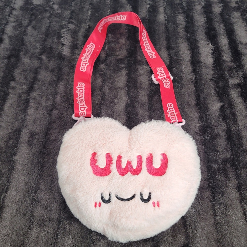 Squishable Fuzzy Crossbody Candy Heart UWU Plush Pink Bag Red Logo Strap